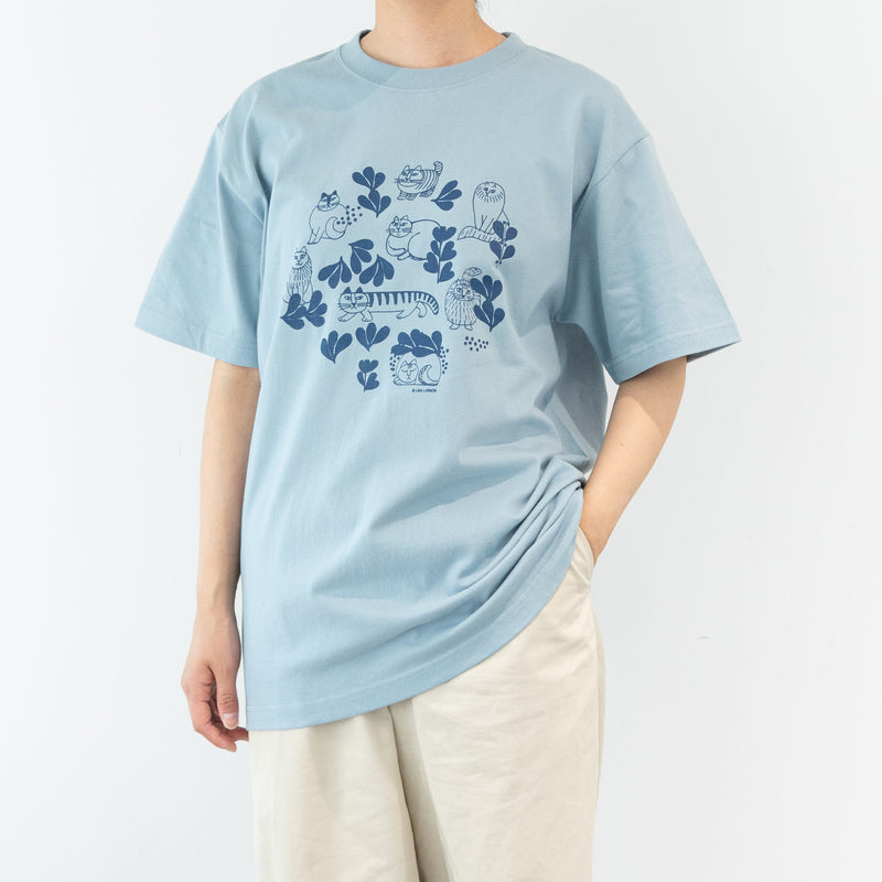 Tシャツ（スケッチねこたちLeaves series・アシッドブルー）