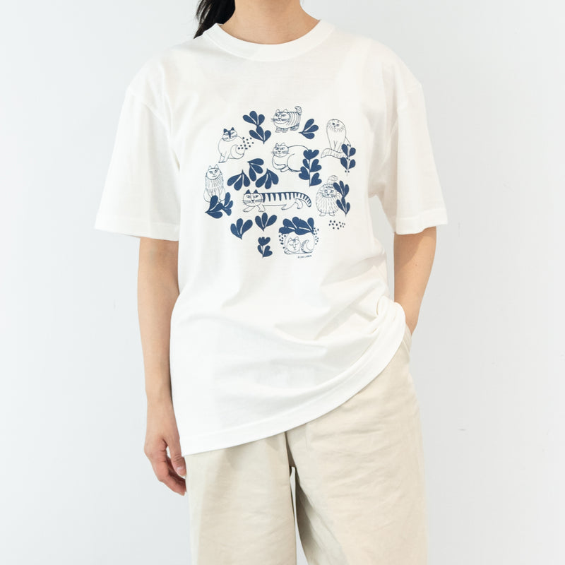 Tシャツ（スケッチねこたちLeaves series・バニラホワイト）