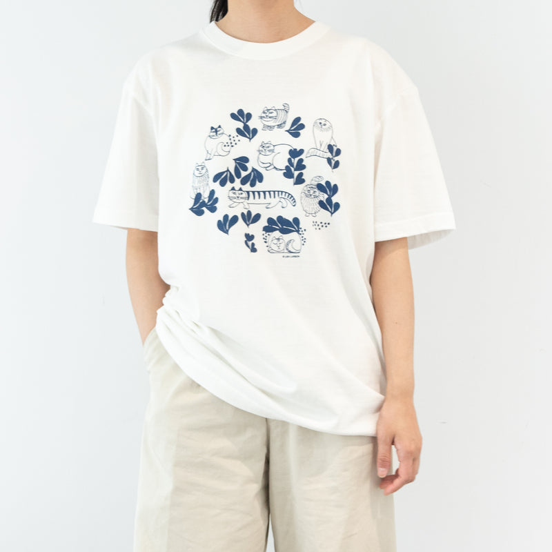 Tシャツ（スケッチねこたちLeaves series・バニラホワイト）