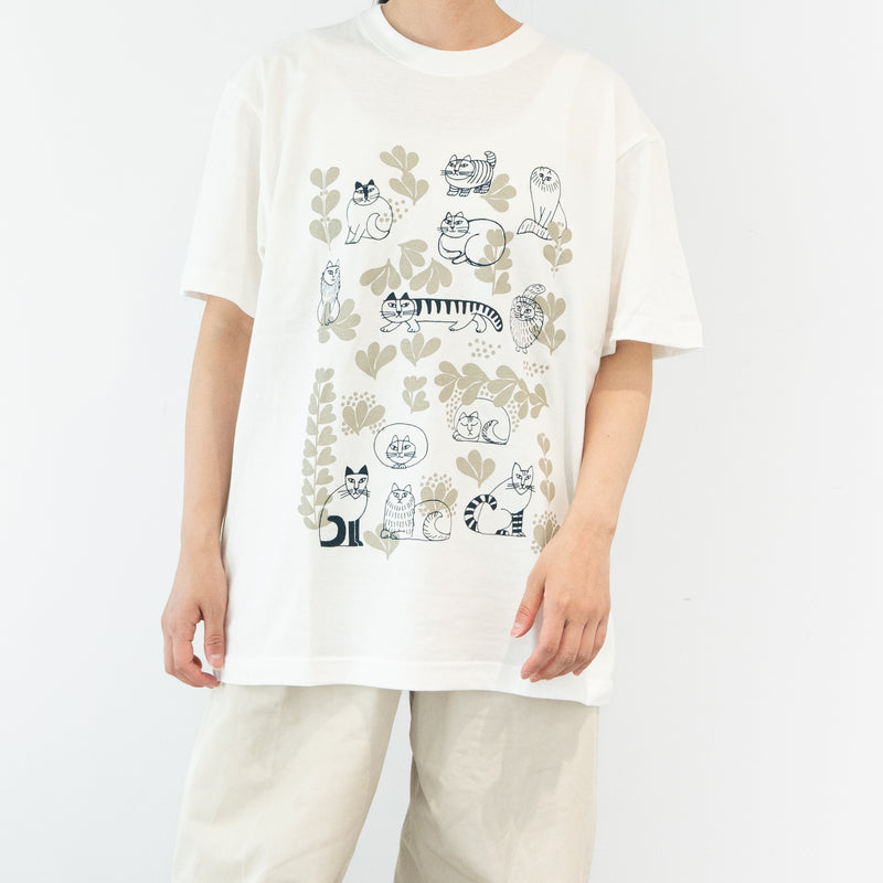 Tシャツ（スケッチねこたちLeaves series2・バニラホワイト）