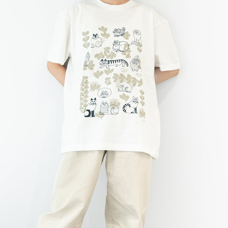 Tシャツ（スケッチねこたちLeaves series2・バニラホワイト）